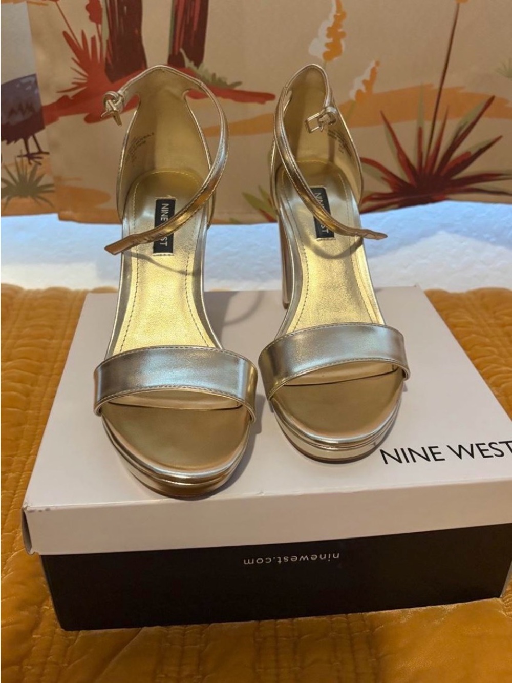 Nine West Gold Ankle-Strap Platform Heels